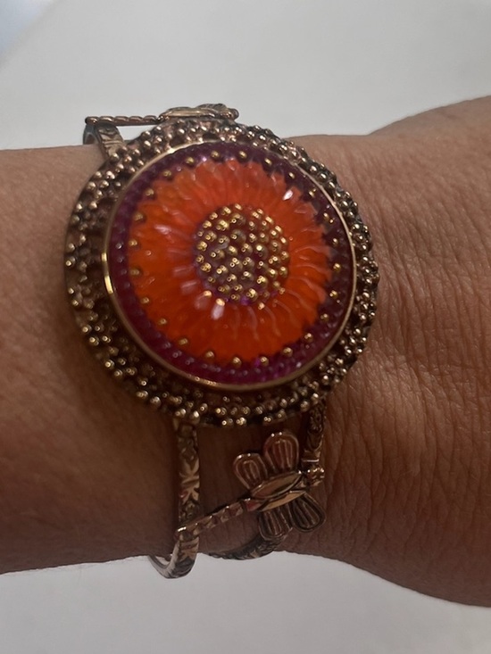 Jewelry - Boho Floral Enamel Copper Tone Orange Cuff Statement Bracelet